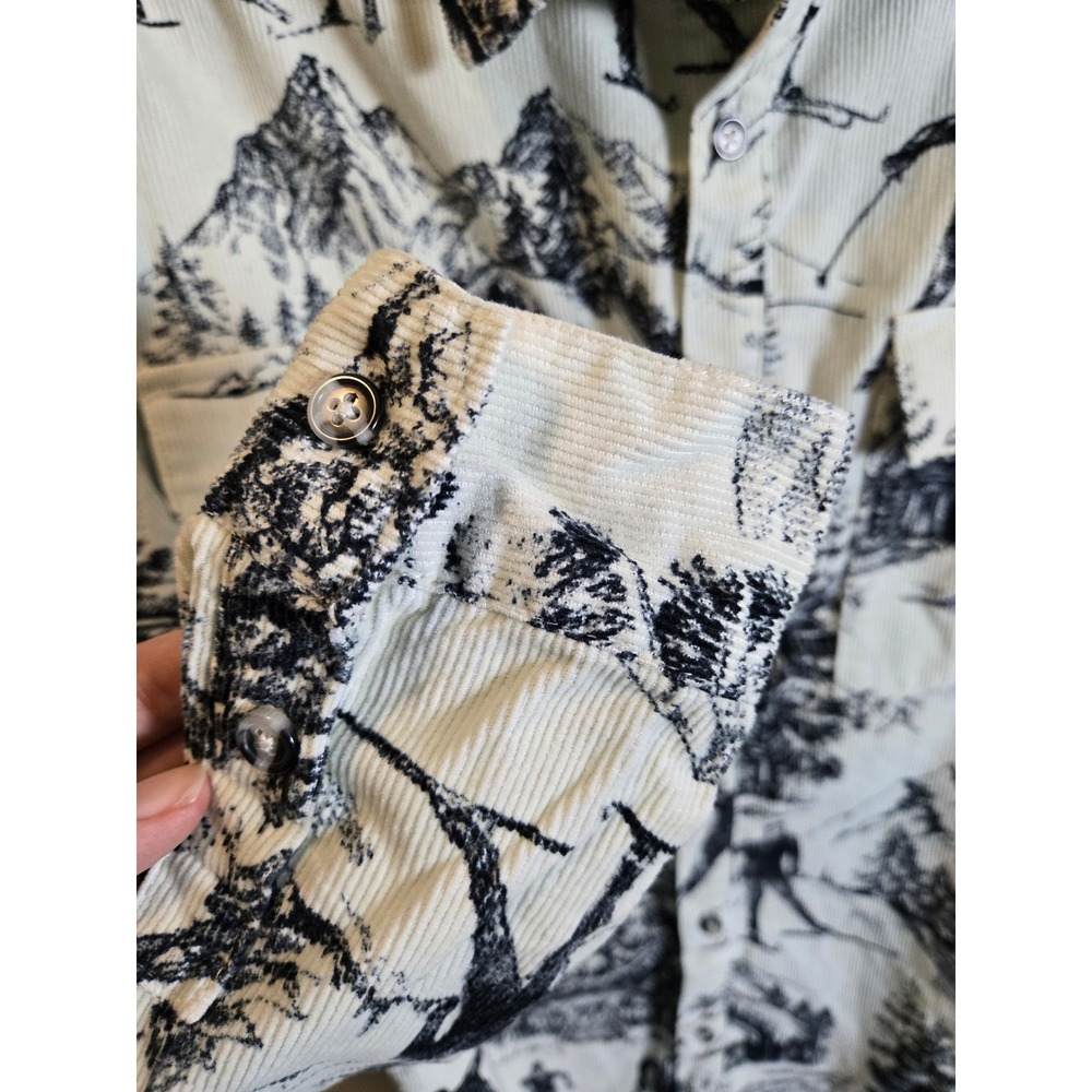 Forever 21 Men Corduroy Button Down Shirt XL Skiing Mountain Print Off White - Picture 2 of 10